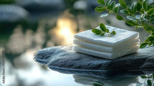 Serene Scene: White Tissues Resting on a Stone by a Pond