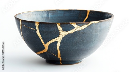 Obraz na płótnie Ceramic bowl with a unique kintsugi design featuring gold accents on a dark background. w salonie