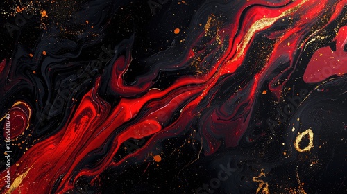 Abstract red and black swirling paint design with gold highlights.