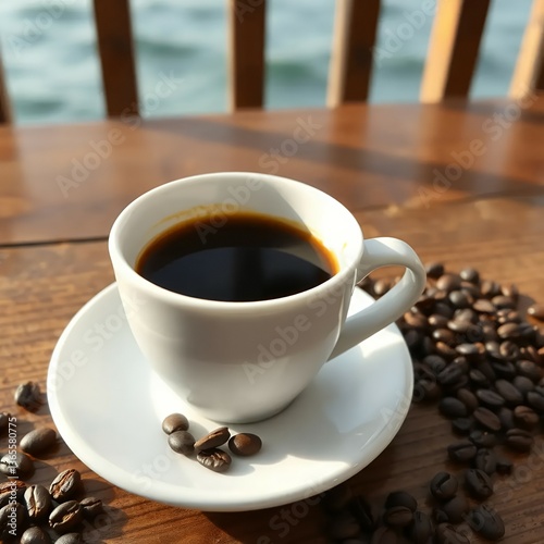 mockup of a white cup of coffee on a beachside coffee shop table