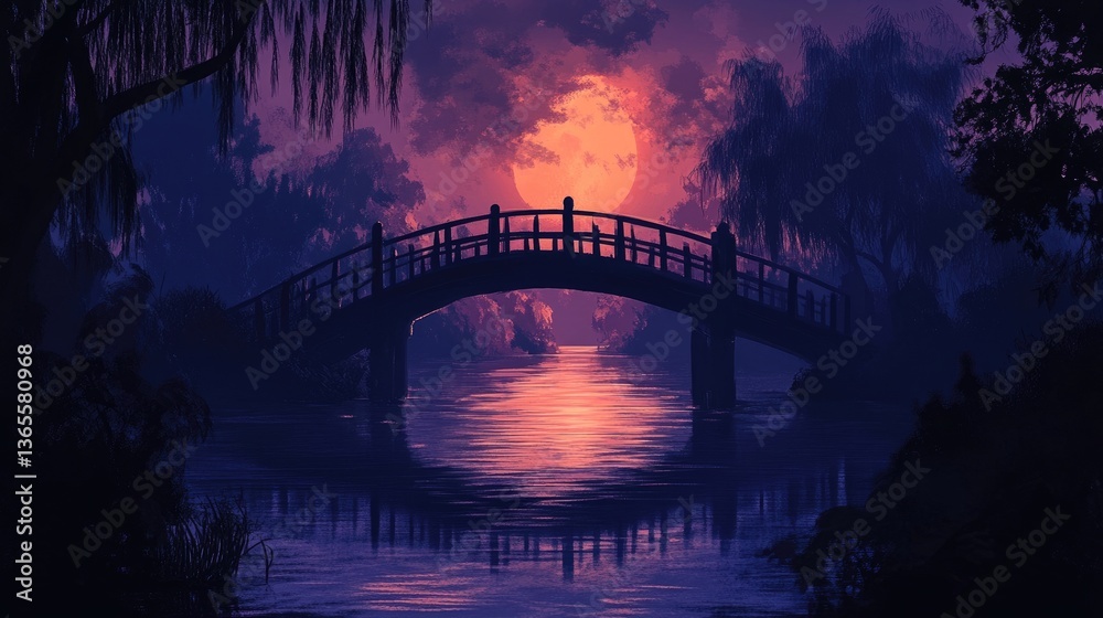 Obraz premium Bridge silhouette at dusk with dramatic lighting over water