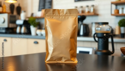 Brown coffee packaging mockup in a coffee shop. Suitable for advertising, promotion, branding, etc.