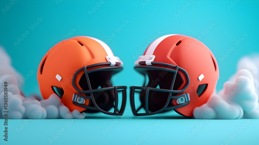 Fototapeta premium Two Orange Football Helmets Facing Off on Teal Background