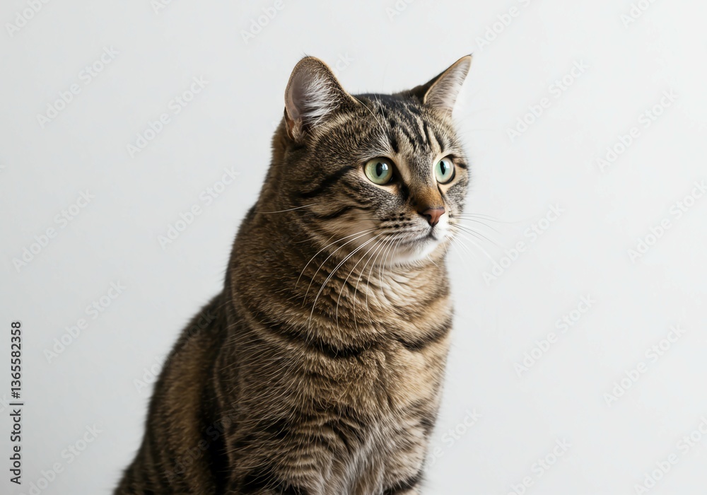 Obraz premium Elegant Gaze of a Tabby: Capturing the serene poise of a striped tabby cat, with mesmerizing eyes, sits gracefully, exuding an aura of calm curiosity and elegance.