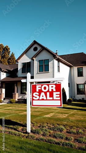 For sale sign on a lawn in front of a house, housing market and home ownership concept