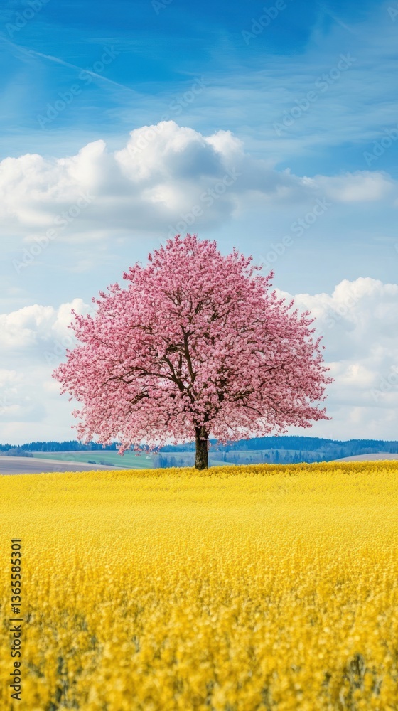 A beautiful blossoming tree stands in a field of yellow flowers A beautiful blossoming tree stands in a field of yellow flowers
