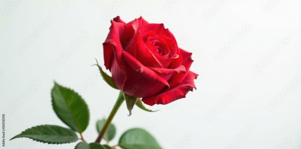 Naklejka premium Single red rose blossom, pristine white backdrop, petals, photography