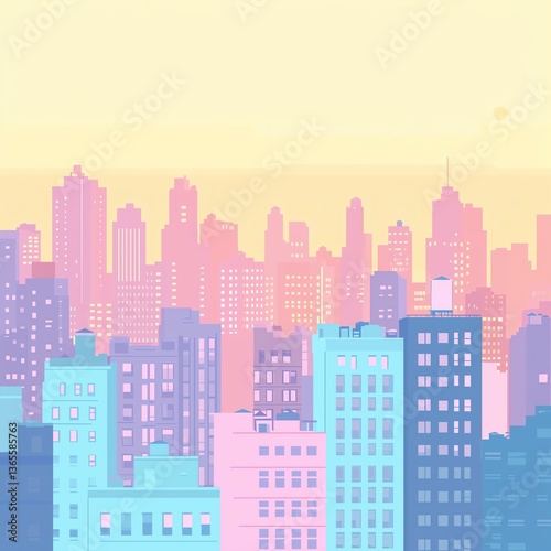 Colorful city skyline during sunset.