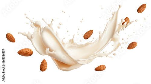 Almond milk splashing with almonds on a black background