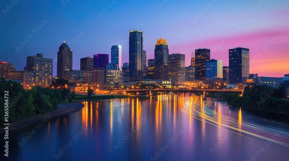 Naklejka premium City skyline with light trails and glowing buildings at dusk