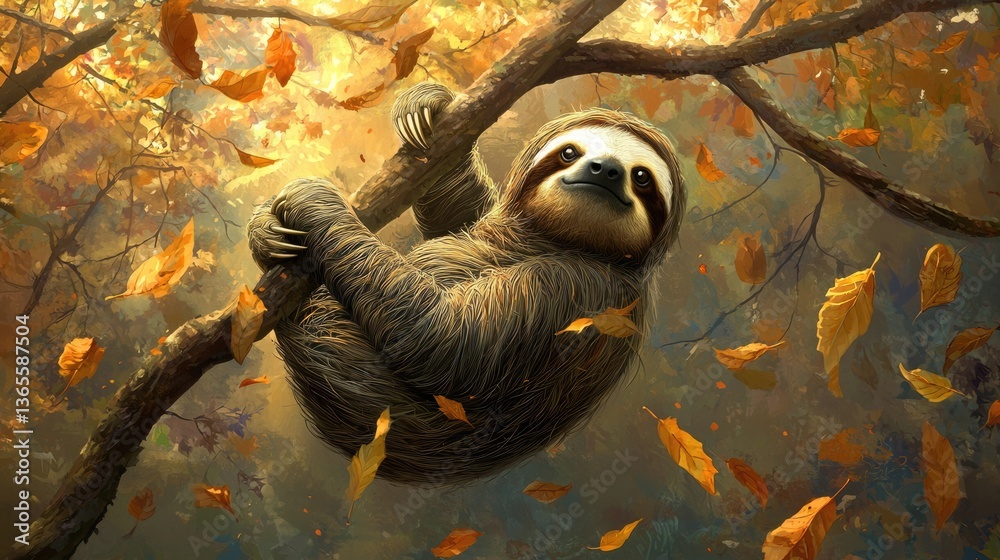 Fototapeta premium A sloth clings to a branch amidst colorful autumn leaves in a serene setting.