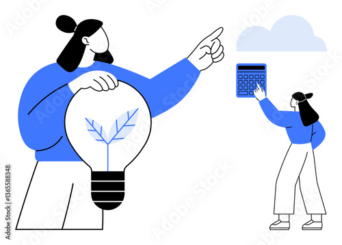 Woman presenting eco-friendly ideas with a plant-filled bulb, while another calculates cloud data. Ideal for sustainability, eco-innovation, teamwork, technology, data analytics, cloud computing
