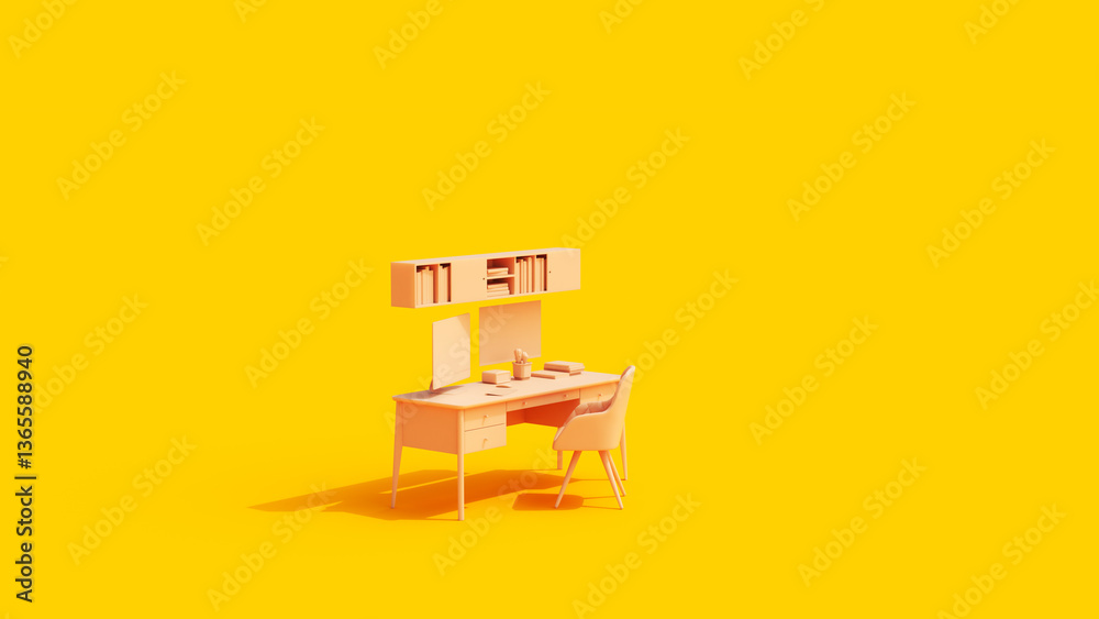 Office Setup Studio Desk Work From Home Self Employed Flesh Tones Yellow Left View Background 3D Illustration Office Setup Studio Desk Work From Home Self Employed Flesh Tones Yellow Left View Background 3D Illustration