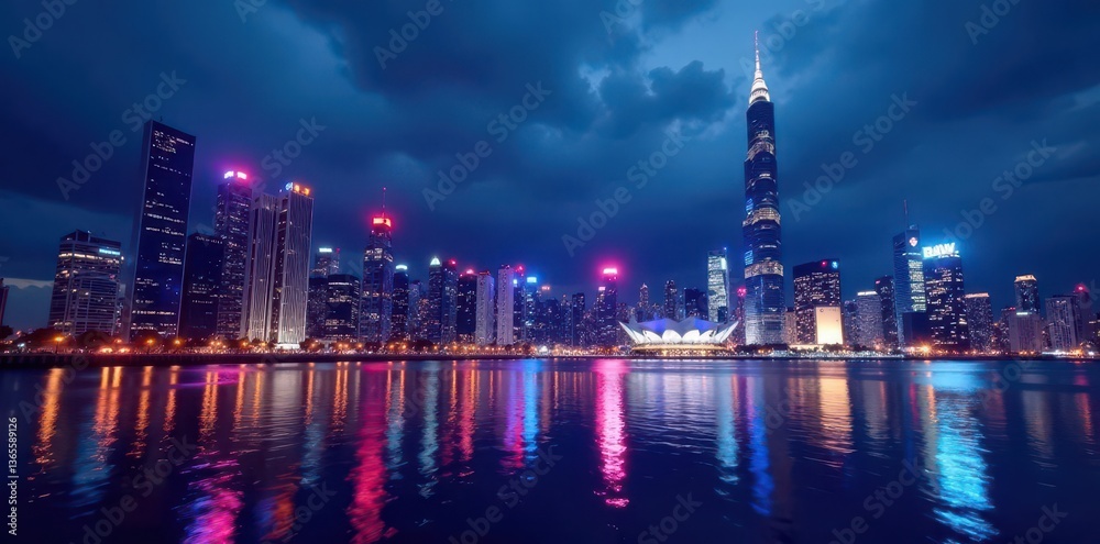 Obraz premium Dazzling skyscrapers, vibrant neon lights, harbor reflections , illuminated, china