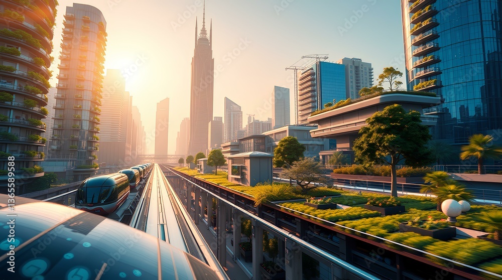 Fototapeta premium Futuristic Urban Landscape: A Glimpse of Sustainable City Life with Elevated Transit Systems