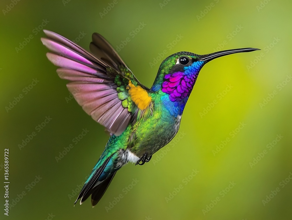 Fototapeta premium Vibrant Hummingbird Hovers Softly Emerald Green Background. AI Generated