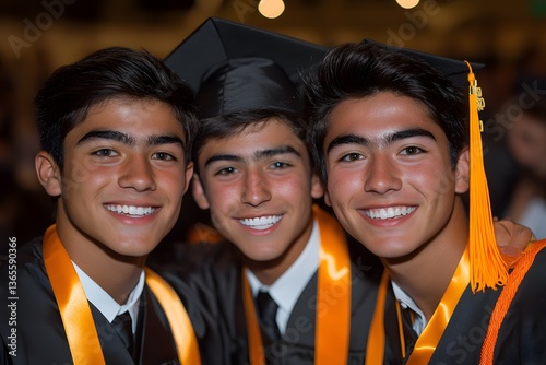 Trio of Graduates: A group of young graduates, radiant with joy, pose shoulder-to-shoulder, clad in their graduation regalia and ready to celebrate a major accomplishment.