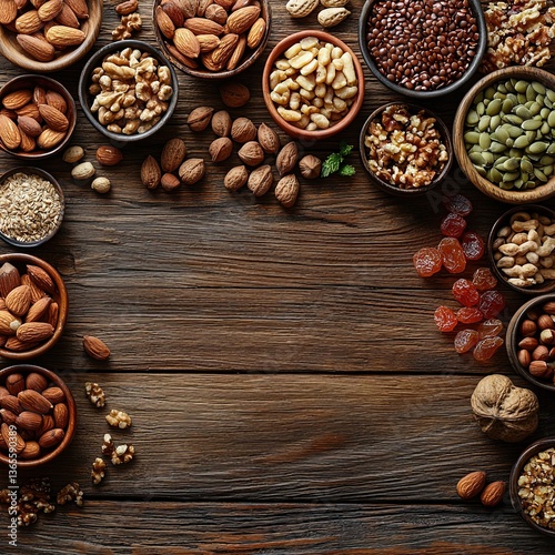 Nut Varieties Artfully Placed in Bowls on a Natural Wood Table for a Healthy Snack Option