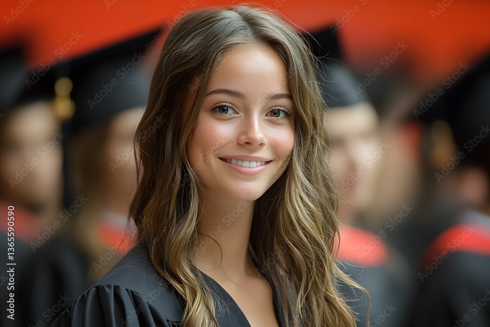 Obraz premium **Graduation Day Smile:** Capturing the joy and accomplishment of graduation, a beautiful young woman smiles radiantly in her cap and gown.