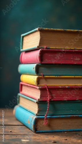 Whimsical hand-colored stack of books with unique textures, art, stacks