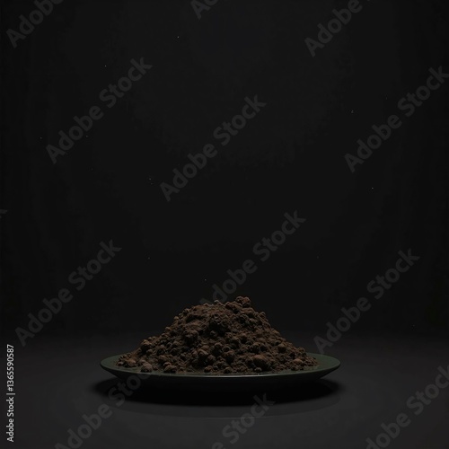 A mound of dark soil sits on a simple plate against a black backdrop. Perfect for agriculture, gardening, or environmental themes.