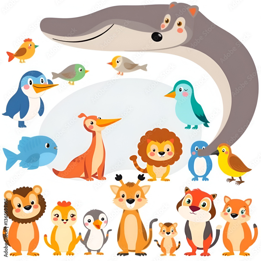 Collection of happy parent and baby wild animals, fish and birds. Set of cute funny amusing cartoon characters isolated on white background. Colorful childish vector illustration in flat style. Collection of happy parent and baby wild animals, fish and birds. Set of cute funny amusing cartoon characters isolated on white background. Colorful childish vector illustration in flat style.