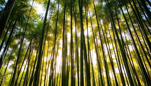 Serene Bamboo Forest Sunlight Dappled Through Green Stalks