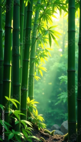 Dense bamboo stalks, dappled sunlight filtering through leaves, shadows, background