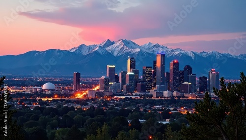 Denver skyline, Rocky Mountains backdrop, dramatic angle, colorado, skyline, colorado mountains
