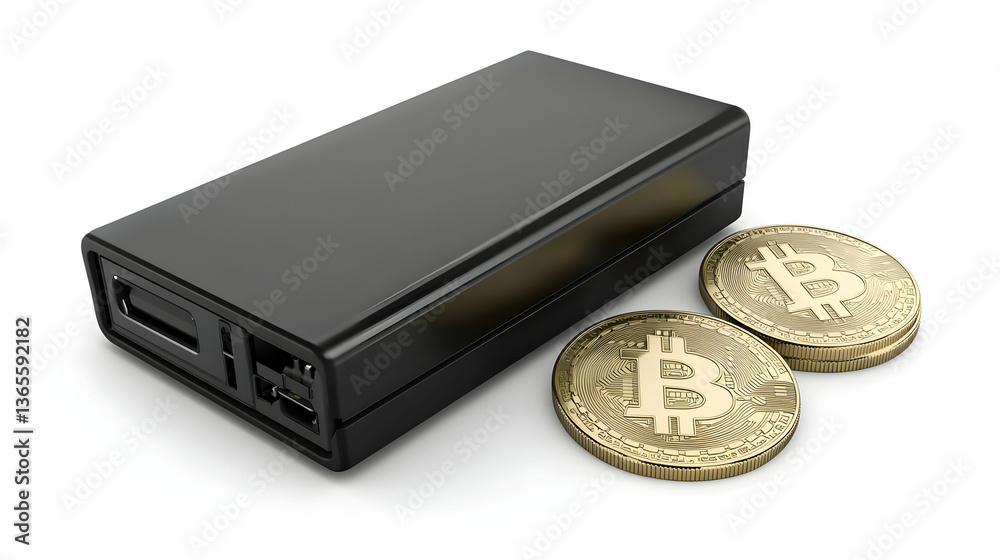 Hardware Device for Crypto Wallet Next to Bitcoin Coins on White Background Hardware Device for Crypto Wallet Next to Bitcoin Coins on White Background