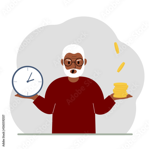 A old man makes a decision or chooses between two options or alternatives, a watch and a pile of coins. The concept of time or money, the balance between work and leisure. Vector flat illustration