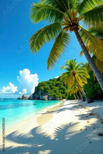 Palm trees sway over pristine turquoise beach, idyllic bar , coast, drink