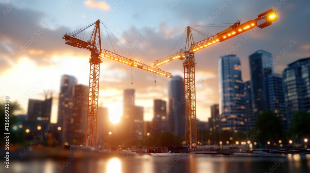 Fototapeta premium Dramatic silhouette of towering construction cranes set against a glowing modern city skyline at dusk The cranes stand tall symbolizing progress and development as the sun sets casting a warm