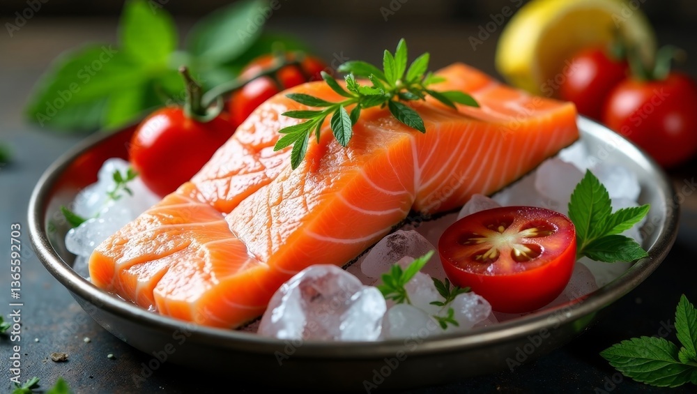 Fresh salmon fillet on ice with vibrant cherry tomatoes and fresh herbs Fresh salmon fillet on ice with vibrant cherry tomatoes and fresh herbs