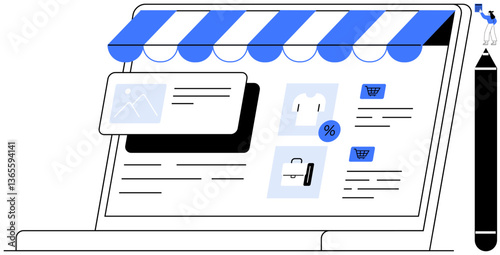 Digital storefront design with striped awning, laptop interface showing product cards, price tags, and shopping cart icons. Ideal for e-commerce, marketing, online sales, retail, shopping web