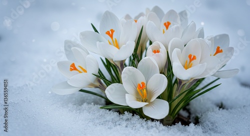 White Crocuses Blooming in Snowy Landscape  