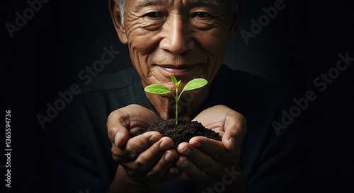 Elderly man nurturing a plant with a joyful expression in low light  