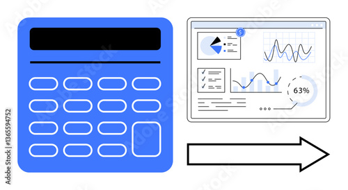 Calculator transitioning to digital analytics display with charts, graphs, and data insights via arrow. Ideal for finance, calculation, productivity, analysis, business, success flat simple metaphor