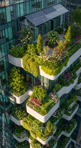 Futuristic city embraces sustainability with rooftop gardens, vertical greenery. Urban landscape merges modern architecture with nature, fostering greener, environment. Vertical shot with sun