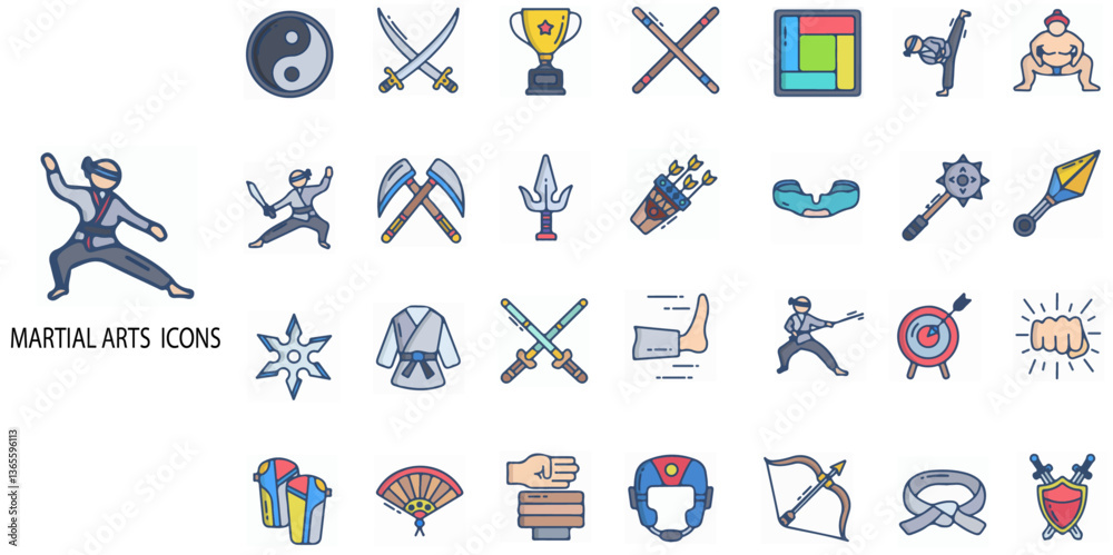 Fototapeta premium Martial Art simple concept 24 color icons set. Contains such karate, kickboxing, martial arts, boxing - sport, judo .Vector illustration.