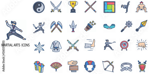 Martial Art simple concept 24 color icons set. Contains such karate, kickboxing, martial arts, boxing - sport, judo .Vector illustration.
