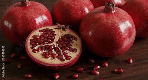 Fresh pomegranates displayed with one sliced open on wooden table  