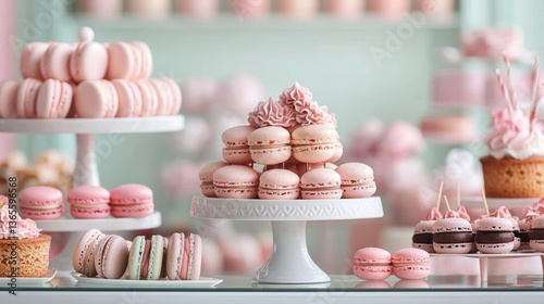 Exquisitely arranged display of delicate pastel colored other sweet confections in a chic elegantly decorated bakery or patisserie setting