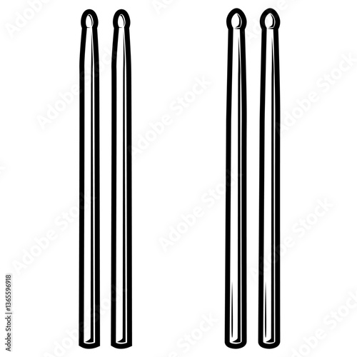 Schwarz-weiße Darstellung von zwei Paar Drumsticks. Ideal für Musik, Schlagzeug, Rhythmus, Percussion, Ausmalbilder, Bandgrafiken oder Musikzubehör-Designs.