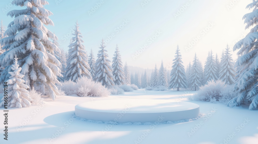 Obraz premium serene winter landscape featuring snow covered trees and circular platform. soft sunlight creates peaceful atmosphere in snowy scene