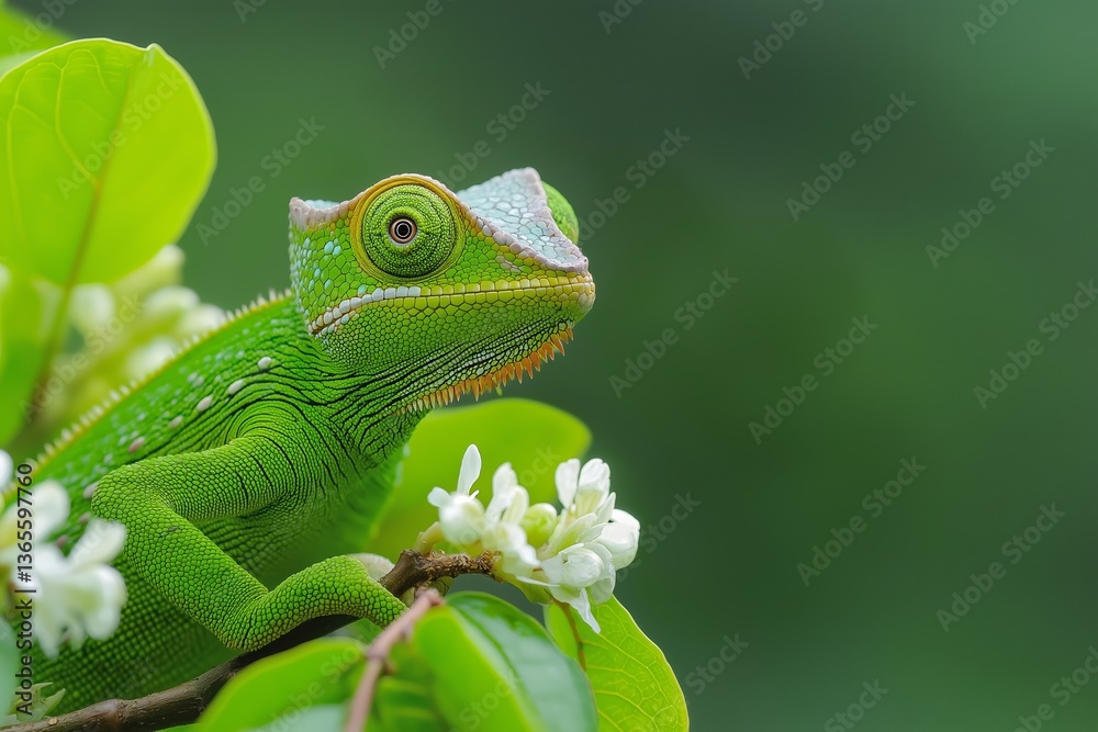 Green chameleon in rainforest