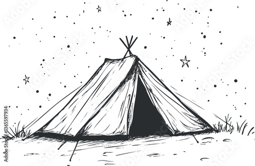 Hand-drawn tent under starry night sky for camping and outdoor adventure themes.