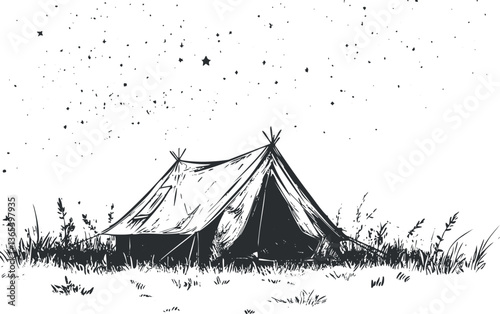 Monochrome illustration of a tent under a starry night sky, ideal for camping themes.
