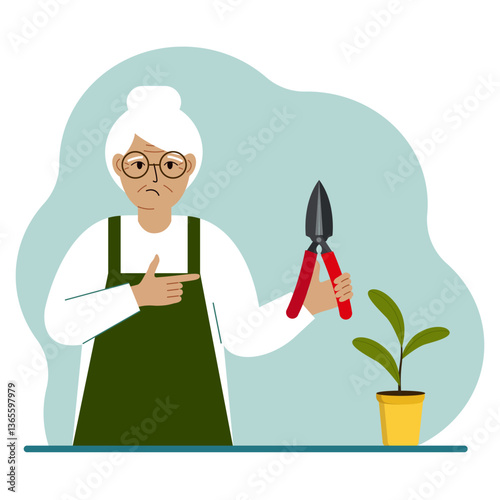 A gardener is a old woman in working clothes, he has a pruner in his hand. Vector flat illustration