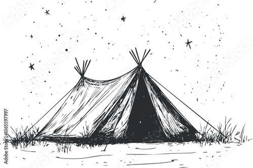 Hand-drawn camping tent illustration with stars for rustic outdoor designs.